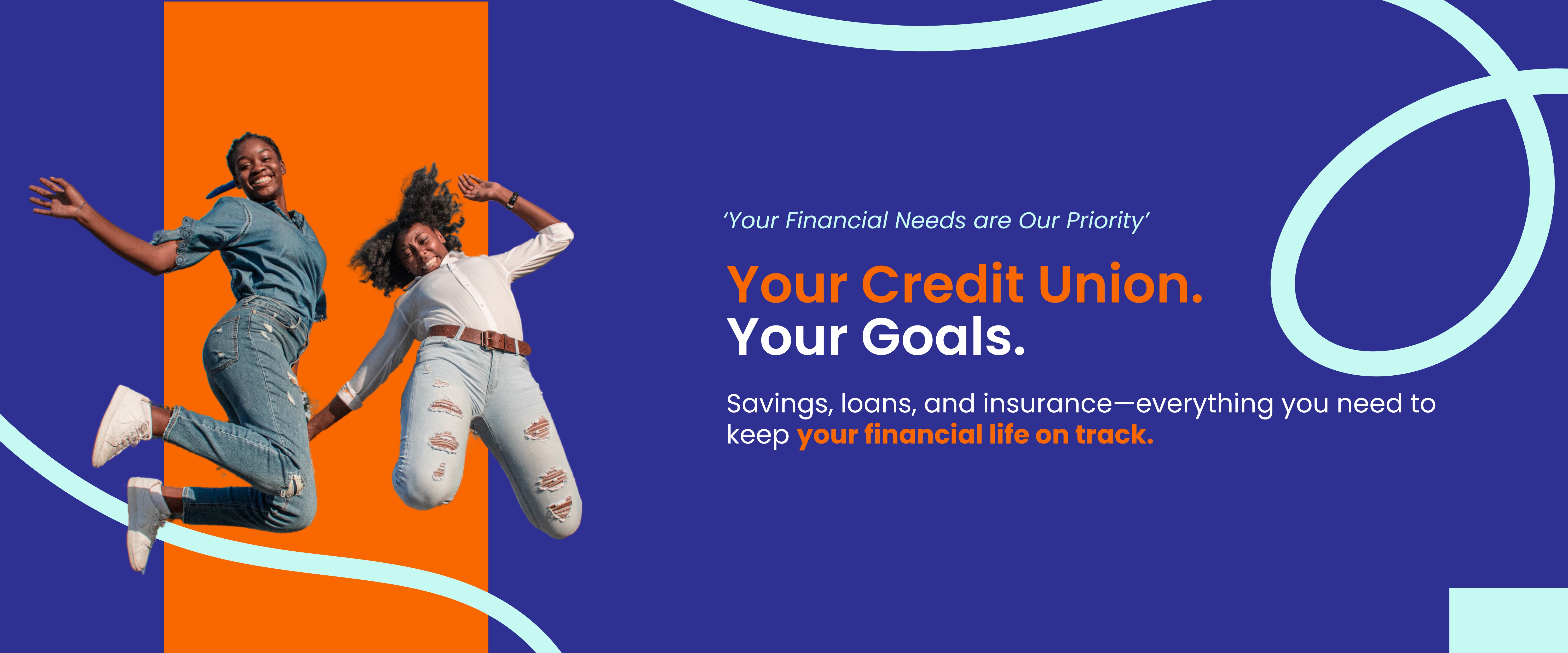 Two young women joyfully jumping against a vibrant background, promoting a credit union's services for savings, loans, and insurance.
