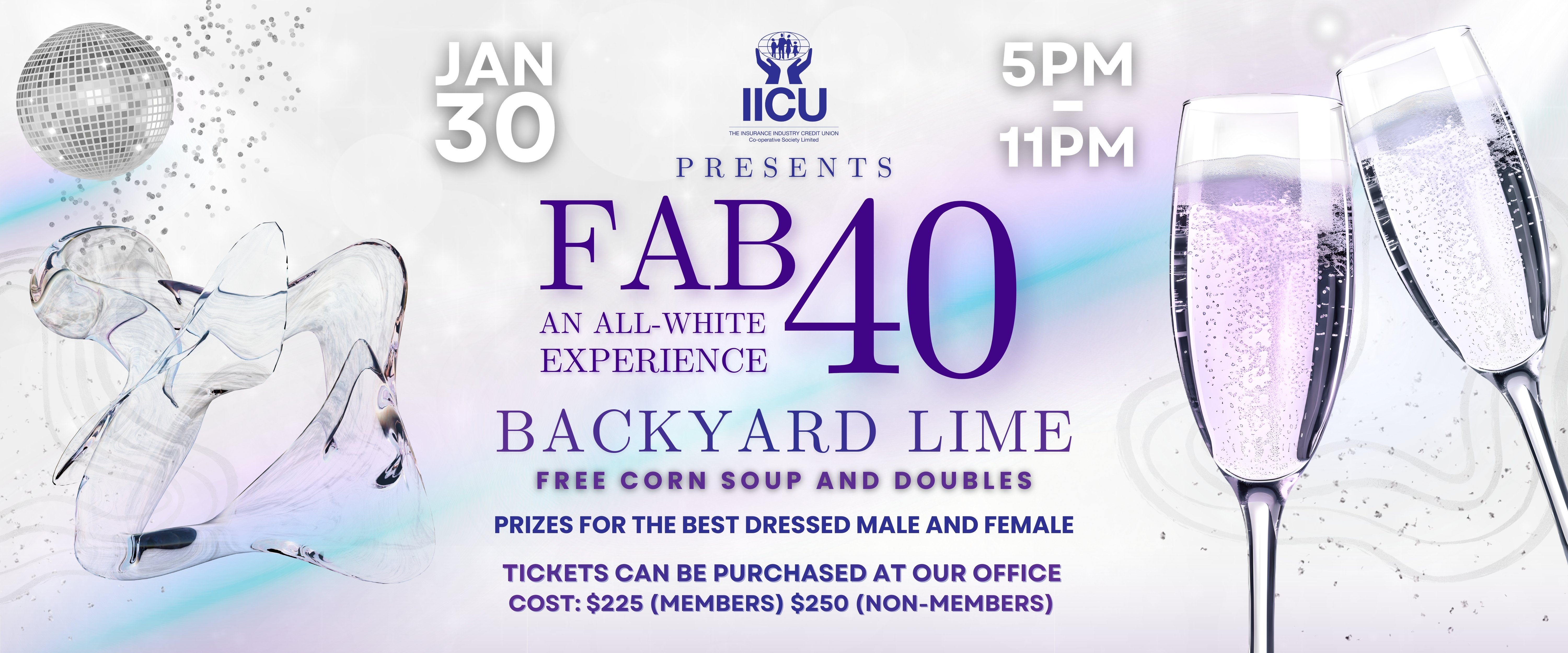 Promotional graphic for an event titled 'FAB 40 - An All-White Experience' featuring champagne glasses, a disco ball, and decorative elements.