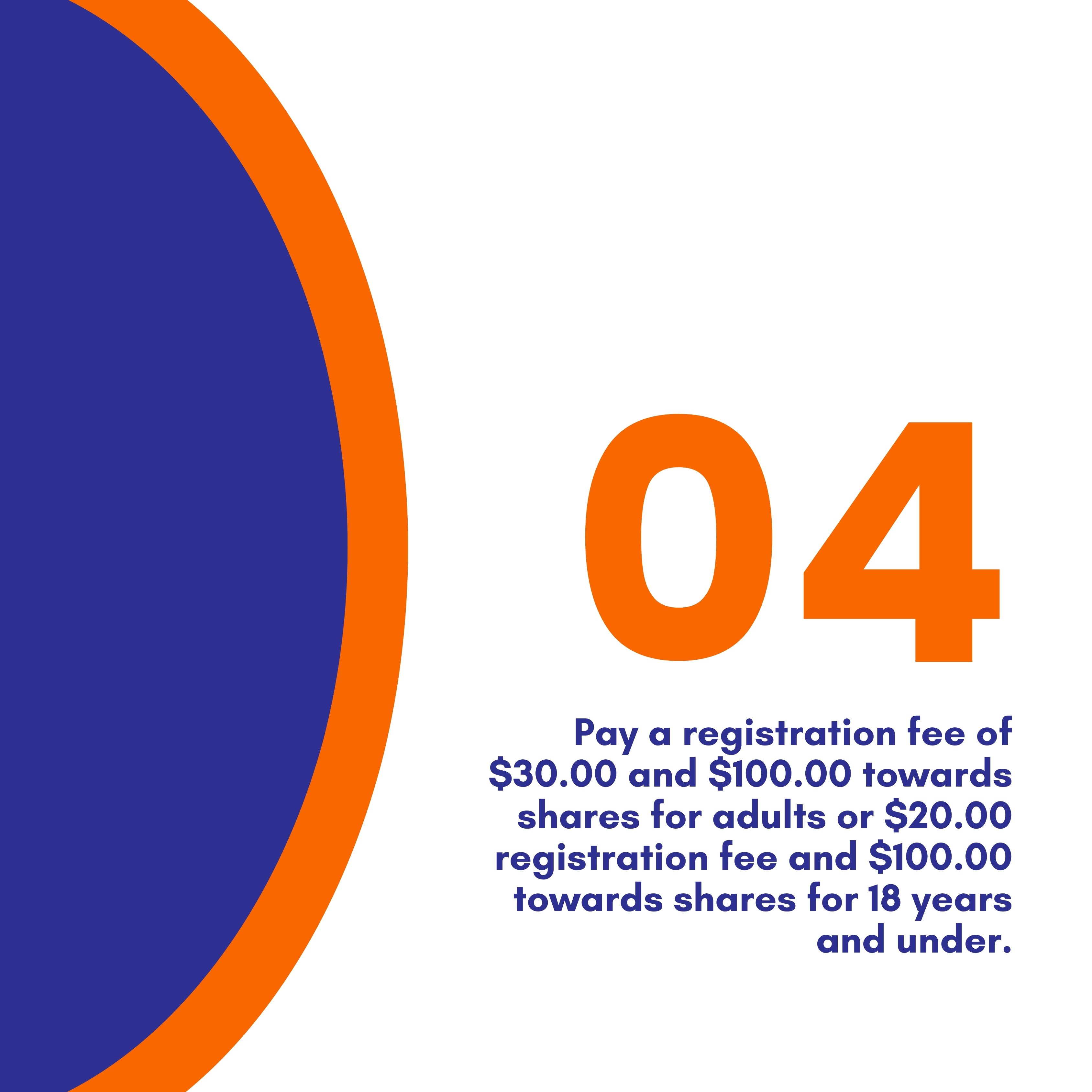 Graphic showing step 04 with large orange number 04 and text detailing registration fees for adults and minors.